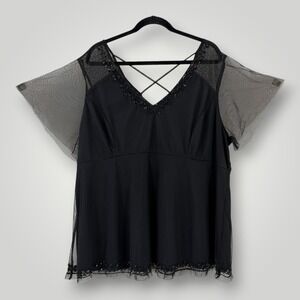 Torrid Blouse Womens 3 3X Black Beaded Sequin Mesh Flutter Sleeve Tunic Top Plus